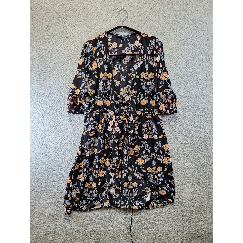 One Clothing Womens XS Kimono Style Floral V-Neck Tie Front Boho Festival Summer